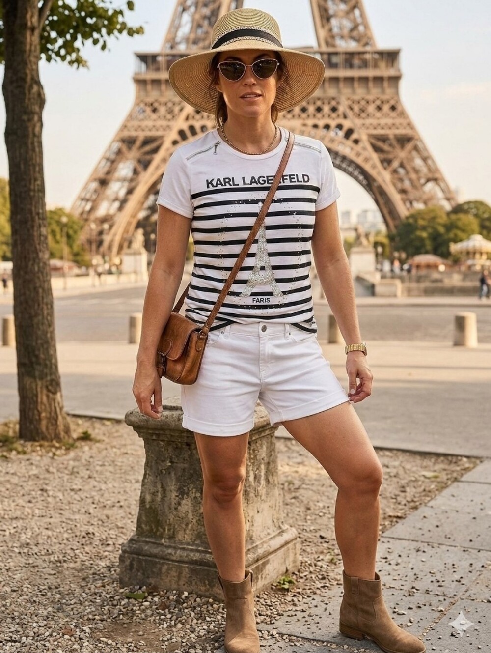 Karl Lagerfeld White & Black Striped Eiffel Tee with Rhinestones